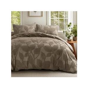 Duvet Cover Queen Size - Clipped Jacquard Leaf Queen Duvet Cover with 8 Corner Ties & 7 Buttons, 3 Pieces Breathable Shabby Chic Bedding Set with 2 Pillow Shams, Brown,90x90 Inches