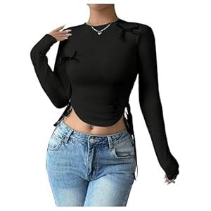 Verdusa Women's Asymmetrical Hem Long Sleeve Top Bow Tie Drawstring Side Y2K Tee Shirt Tops (White)