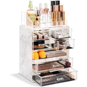 Sorbus Acrylic Makeup Organizer Set, 7-Drawer Vanity & Countertop Cosmetic Storage with Small & Wide Compartments, Marble Print Makeup Storage for Brushes, Jewelry  Holiday Gift for Women & Teens (3 Large, 4 Small Drawers)