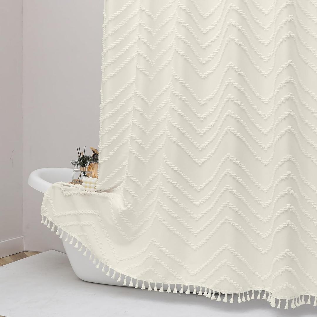 OWENIE Extra Long Beige Boho Shower Curtain, Chic Tufted Chevron Striped Textured Cloth Fabric Shower Curtains with Tassel for Bathroom, Soft Hotel Style Farmhouse, Machine Washable, 72x96