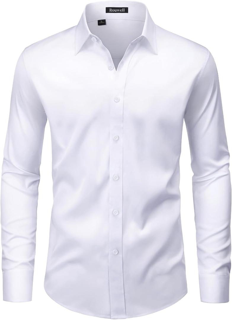 ROUWELL Men's White Dress Shirt Long Sleeve Non-Iron Wrinkle-Free Stretch Business Office Wedding Button Down Shirts XL