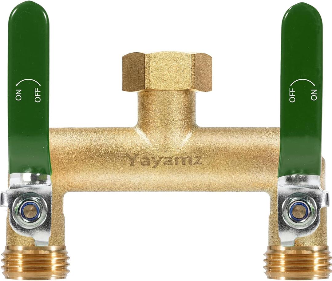 Garden Hose Splitter, 3/4 Rust and Freeze Resistant Outdoor Hose Manifold with 2 Green Extra Long Handles Faucet Adapter-Heavy Duty Brass 2-Way Valve