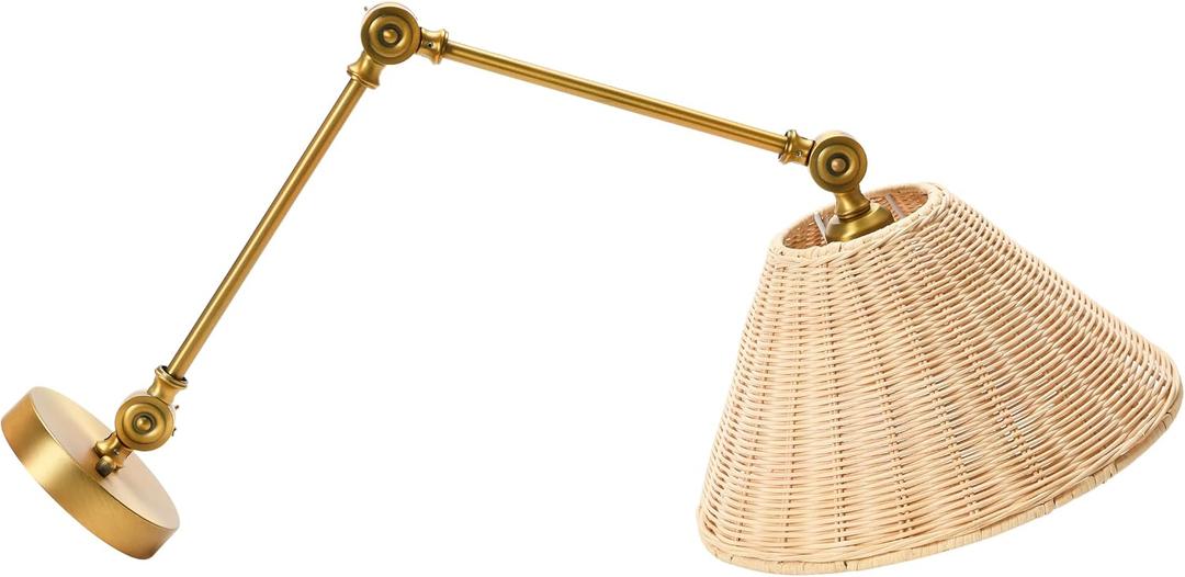 Creative Co-Op Coastal Adjustable Wall Sconce with Neutral Beige Rattan Shades, Antique Metal Brass Finish, 11.6" x 12" x 28.8"