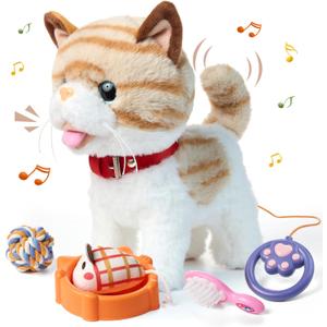 OR OR TU Walking Talking Toy Cat with Remote Control Leash, Plush Pet Electronic Interactive Toys for Kids, Wag Tail, Singing, Pretend Dress Up Realistic Stuffed Cat Age 3 4 5+ Years Old Best Gift