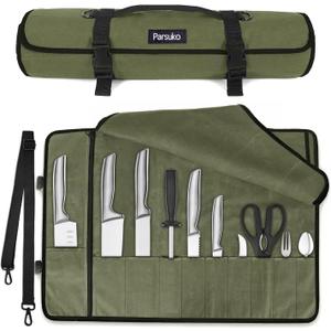 Chef Knife Roll Bag,Waterproof Waxed Canvas Knife Case Holds,Knives Roll Bags for Chefs Professional with Adjustable Strap,Chef Backpack with 10 Knife Slots and a Large Zippered Pocket (Green)