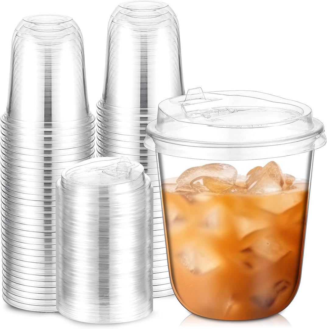 Baderke 50 Sets Clear Plastic Cups with Lids, Iced Coffee Cups with lids,Disposable Plastic Smoothie Cup for Cold Drinks, Sip Lid (12 oz)