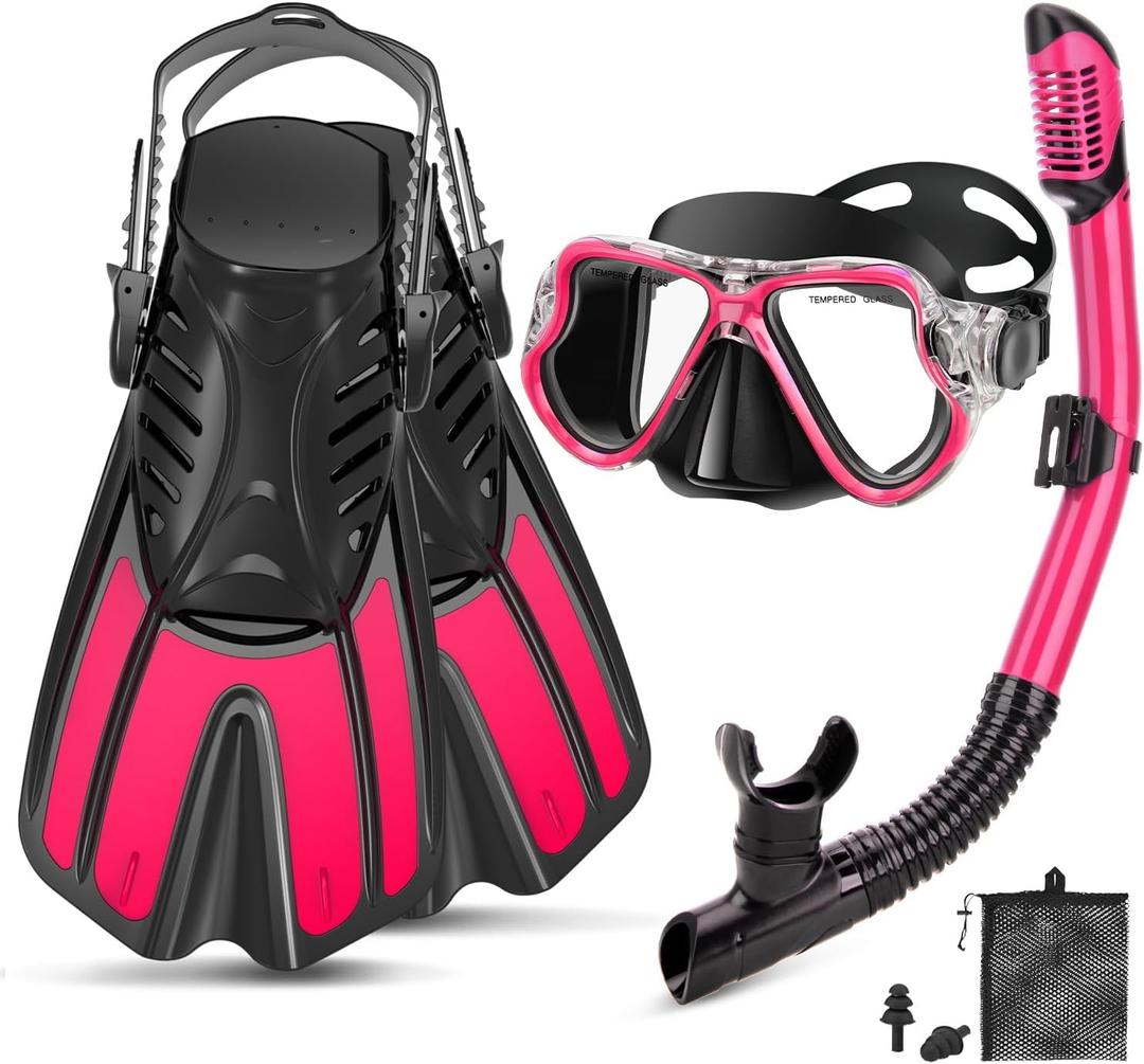 Snorkeling Gear for Adults, 4 in 1 Adult Snorkel Set with Panoramic View Snorkel Mask, Dry Top Snorkel, Adjustable Short Fins and Travel Bag, Snorkel Set with Fins for Snorkeling Diving (S/M(36-41), Pink)