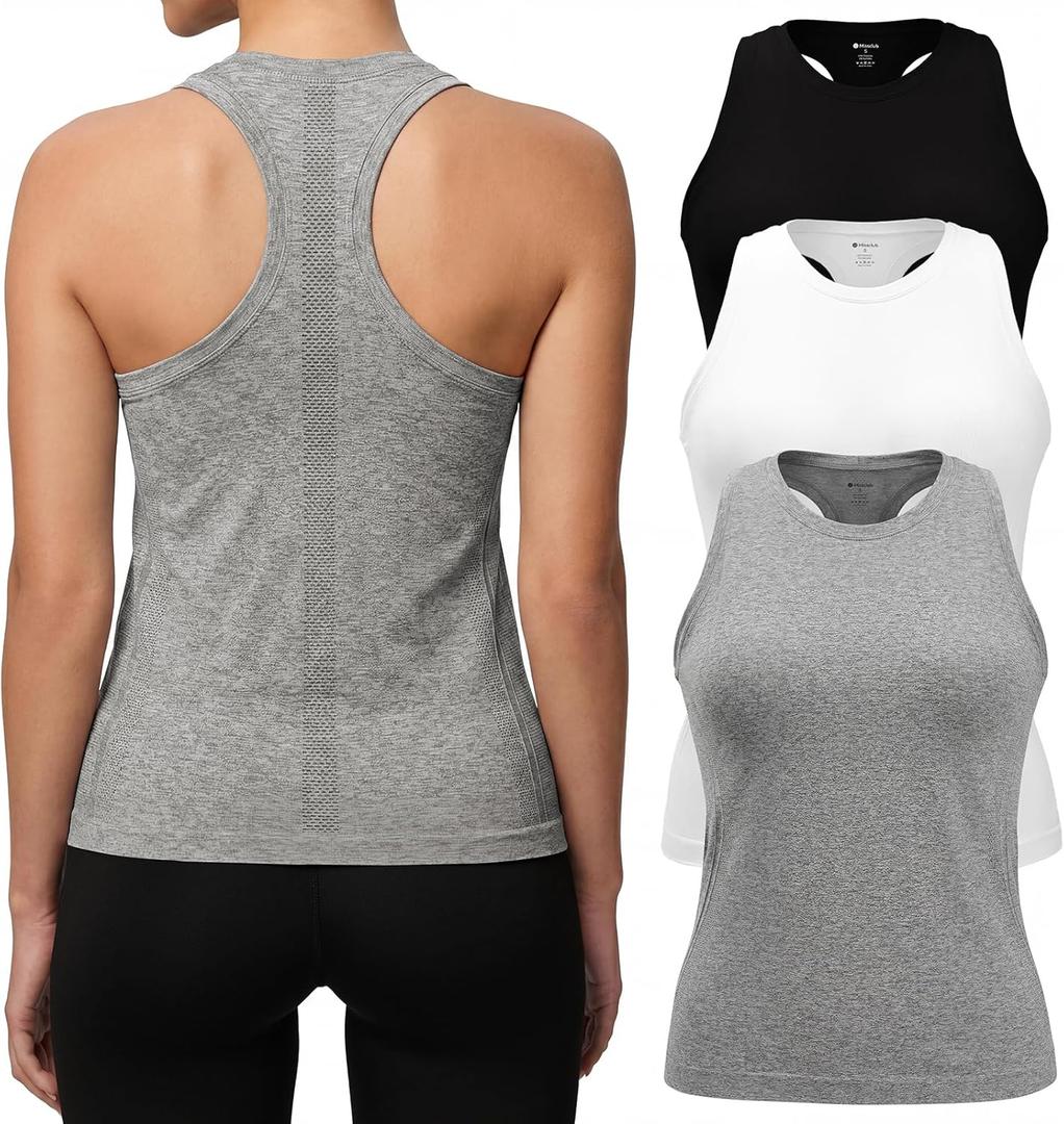 3 Pack Workout Tank Tops for Women Seamless Racerback Athletic Running Tops Crew Neck Sleeveless Gym Yoga Shirts, Medium 