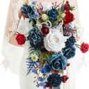 Ling's moment Navy Blue Red Bridal Bouquet for Bride, 13 Inch Wedding Bouquets for Bride, Wedding Artificial Flowers Bouquets