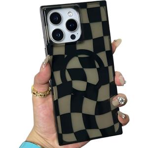 Checkered Magnetic Case for iPhone 16 Pro Max Compatible with Magsafe - Aesthetic Rectangular Checker Checkerboard Twist Pattern - Clear Shockproof Protective Phone Cover, Black