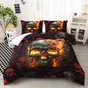 AILONEN Fire Skull Bedding Set Queen Size, 3D Skeleton Comforter Set Bedroom Decor Men,Fiery Style Black Tint Soft Breathable Bed in a Bag,3 Pieces,1 Quilt and 2 Pillowcases