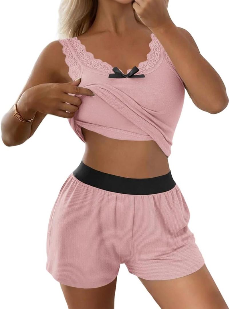 CHICME Women 2 Pieces Pajama Set Sleeveless Built In Bra Tank and Shorts Set Lace Trim PJ Sets Loungewear (Medium)