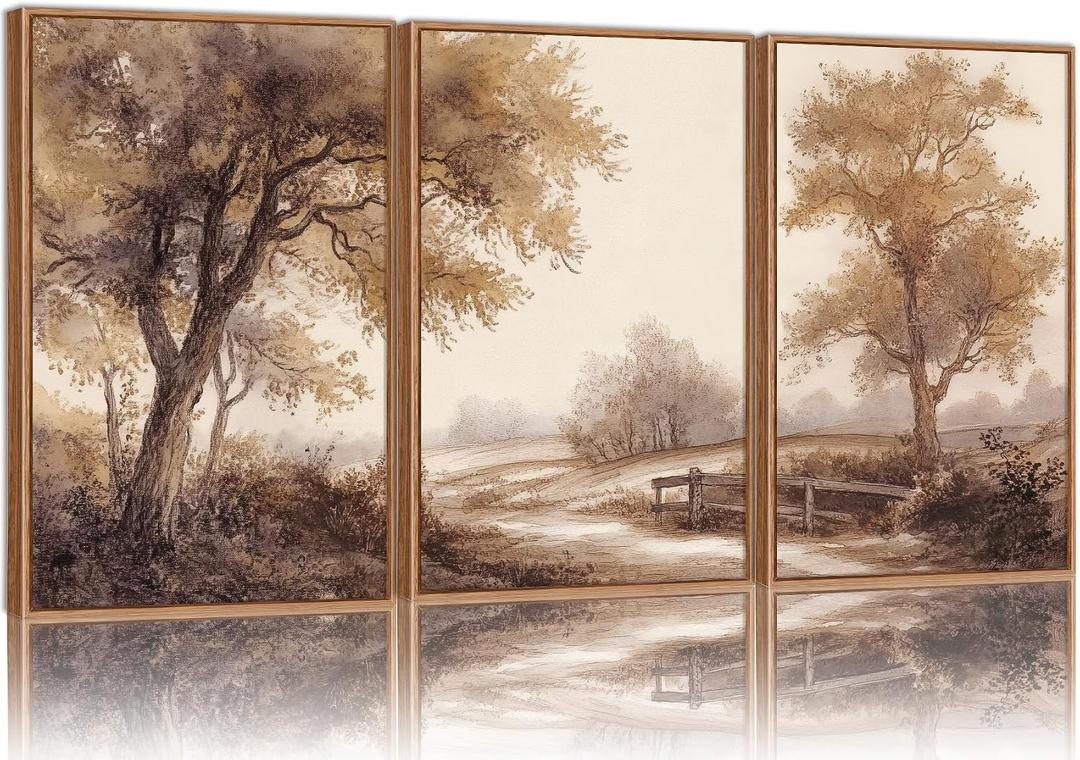 Rantodecor Vintage Landscape Framed Canvas Wall Art Triptych, Rustic Tree Sketch Wall Decor, Large Claming Nature Forest Art Paintings, Modern Relax Farmhouse Artwork for Bedroom Living Room 16"x24"x3, 24"x16"