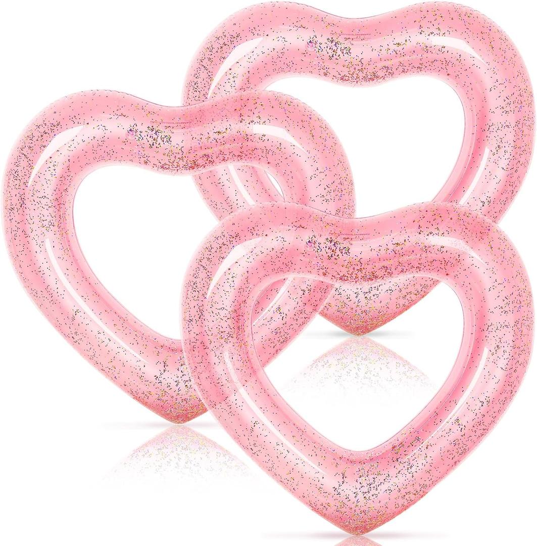 Whaline 3Pcs Inflatable Heart Pool Float Swim Heart Shaped Pool Rings Float Loungers Tube for Summer Swimming Pool Beach Bachelorette Party (47.3x39.4inch, Glitter Rose Gold)