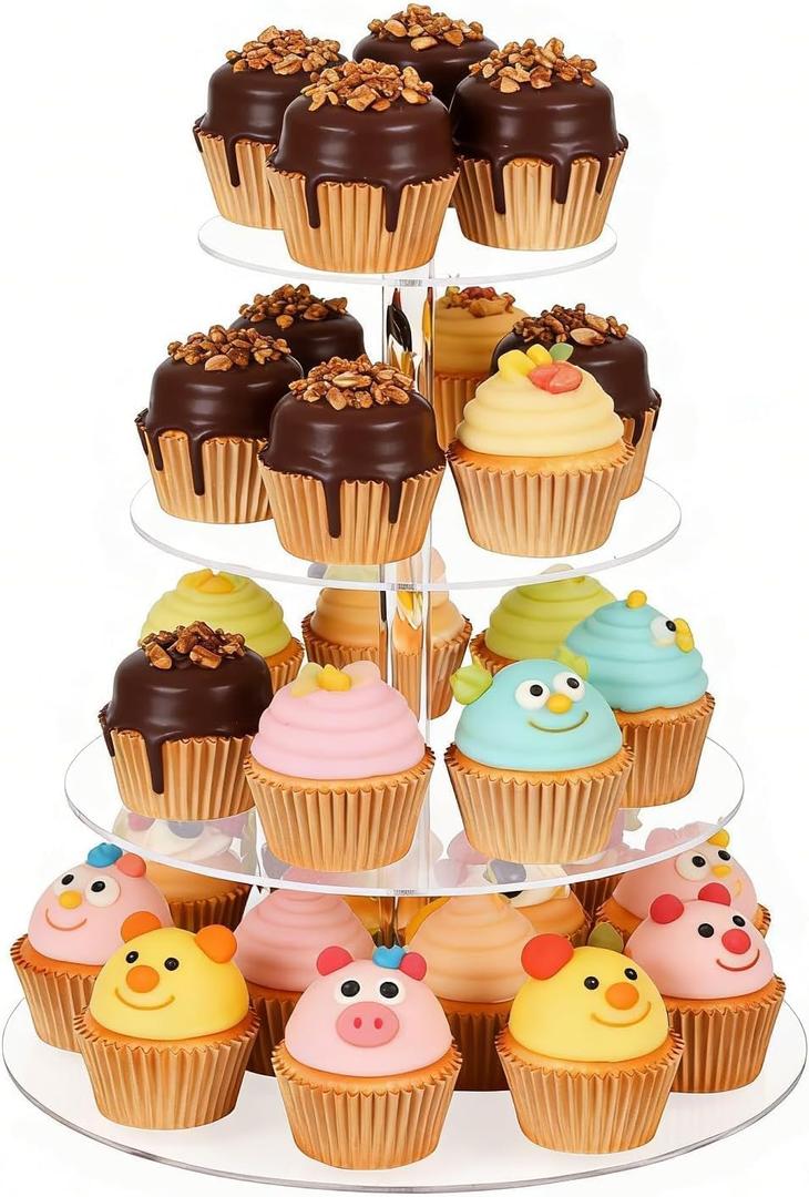 4 Tier Cupcake Stand for 50 Cupcakes, Clear Acrylic Cupcake Stand, Cupcake Holder for Parties, Weddings, Birthdays, Clear Cupcake Stand Ease of Assembly High Stability (Round)