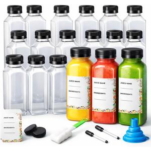40 x Plastic Juice Bottles with Caps, Reusable Leakproof, 250ml 350ml 500ml, Transparent, BPA Free, Square, 24 Count, for Juices and Smoothies (50, 8.5, Fluid Ounces)