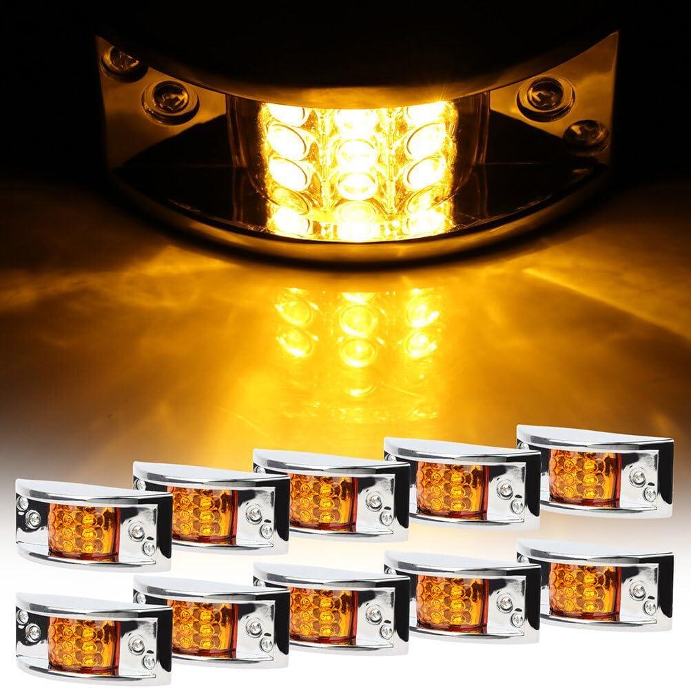 10x Amber 12 Led Rectangular Armored-style Side Marker Light w/Chrome