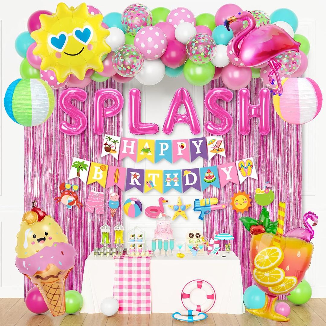 Summer Pool Beach Party Decorations, Splash Birthday Bash Party Supplies Tropical Summer Banner Beach Ball Lantern Fringe Curtain Foil Balloons Arch for Girls Swimming Luau Hawaiian Party Decor(Pink)