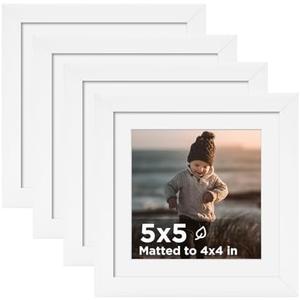 KINLINK 5x5 Picture Frame White Set of 4, Wooden Square Photo Frames Matted 4x4 with Plexiglass for 4x4 with Mat or 5x5 without Mat for Table and Wall Display