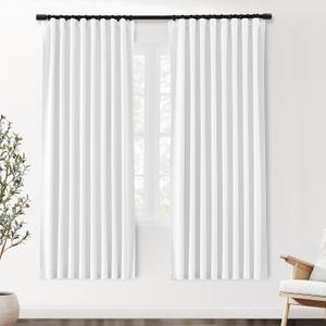 SHINELAND White Blackout Curtains Pleated with Hooks Rings Black Out 76 Inch Length Long 2 Panels Set Living Room Bedroom Thermal Curtains