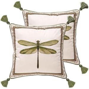 Design Square Vintage Cottage Throw Pillow Covers 18"x18" Set of 2, Green Velvet Cushion Cover with Dragonfly Flowers Border Pattern Decor Pillowcases for Bed, Living  Room, Outdoor, Car