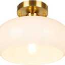 Gold Semi Flush Mount Ceiling Light Mid-Century Vintage Hallway Light Fixtures with Milk Glass Shade Schoolhouse Style Brass for Entryway Kitchen Bedroom Foyer Bathroom, 10.7 Inch