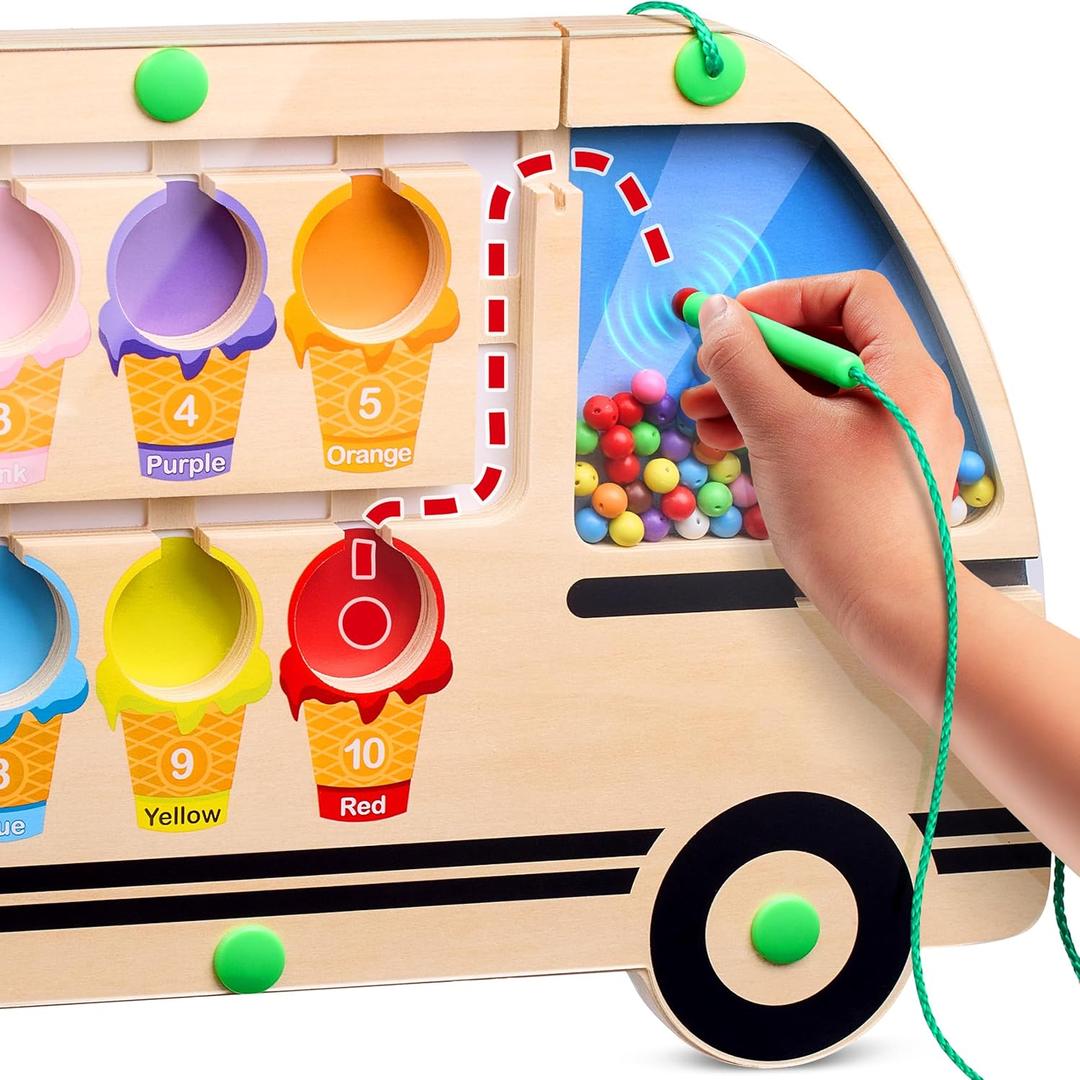 Large & Fun Ice Cream Truck Magnetic Color & Number Maze Adventure Toy - For Toddlers and Kids - Montessori Puzzle Board for 1-10 Counting and 10 Color Matching/Sorting - Improve Child's Motor Skills