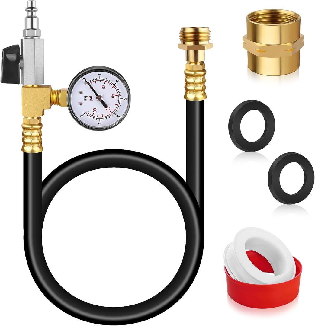 RV Winterizing Kit, 59'' Winterize Blowout Adapter with integrated Pressure Gauge, Sprinkler Winterization Kit, RV Winterize Hose with 1/4" Quick Connect Plug, for RV, Camper, Boat, Travel Trailer