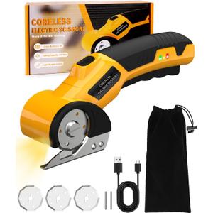 Cordless Electric Scissors,4V Rechargeable Cardboard Cutter Heavy Duty Scissor with Safety Lock & LED Light for Box Carpet Plastic Fabric (Yellow)