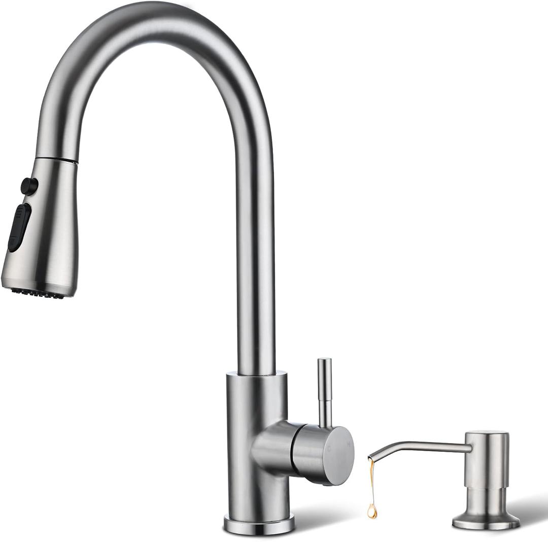 Kitchen Faucet with Soap Dispenser, Hiqufet Brushed Nickel Kitchen Faucet with Pull Down Sprayer, 3 Mode High Arc Single Handle RV Sink Faucet