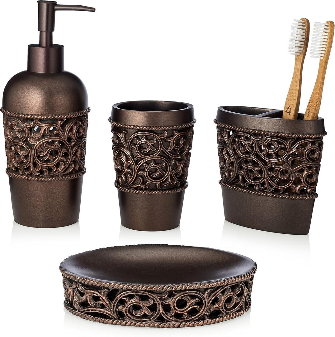 Essentra Home 4-Piece Bronze Bathroom Accessory Set, Complete Set Includes: Toothbrush Holder, Lotion Dispenser, Tumbler and Soap Dish