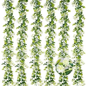 6FT Eucalyptus Garland with Flowers, 6 Pack Artificial Greenery Garland Hanging Spring Eucalyptus Garland Suitable for Table Wedding Backdrop Arch Wall Party UV Protected Indoor Outdoor Decor