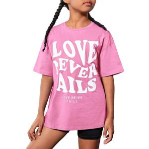 WDIRARA Girl's Letter Print Round Neck Half Sleeve T Shirt Oversized Casual Tee (Pink)