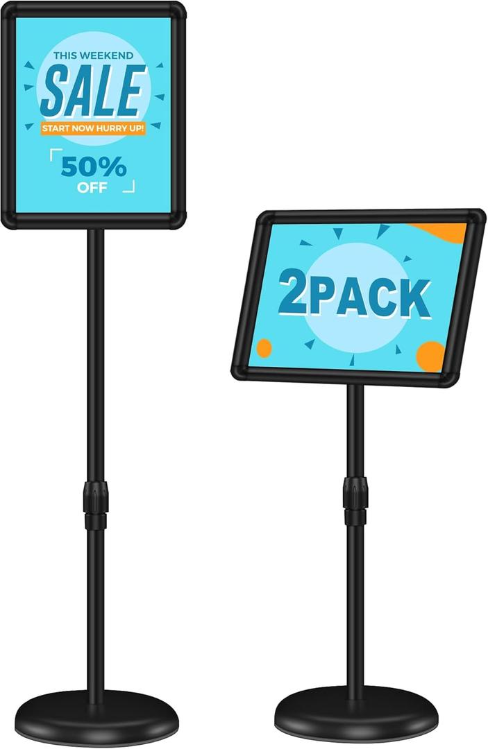 2 Pack Sign Holder Stand 8.5x11 inch for Display, Height Adjustable Floor Standing Signage Stand with 360 Rotated Snap Open Frame for Malls, Schools, Advertising, Outdoor Poster Stand