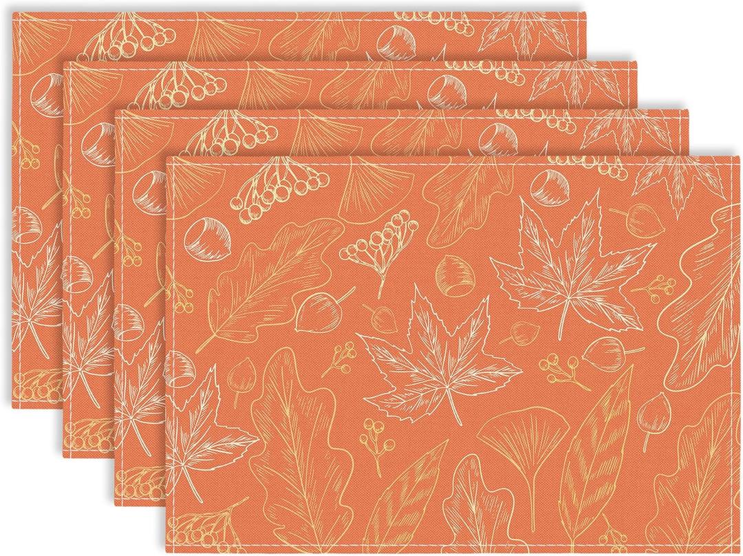 Fall Placemats Set of 4, 12x18 Maple Leaves Table Mat Decor, Seasonal Autumn Table Decors for Thanksgiving Dining Kitchen Holiday Party. (011)