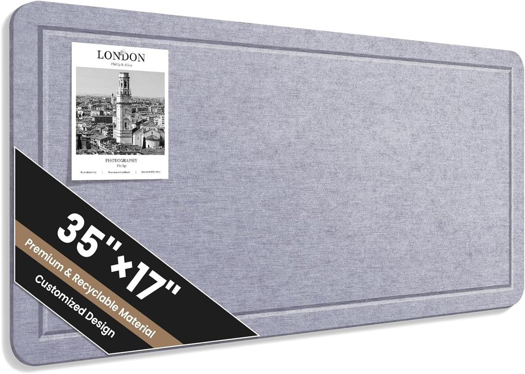 Large Bulletin Board, 35 X 17 Inches Felt Cork Board with 40 Pushpins, Foldable Felt Notice Pin Board Photo Display Board with Self-Adhesive Tape for Office Home School (Light Gray, 35x17 inch)