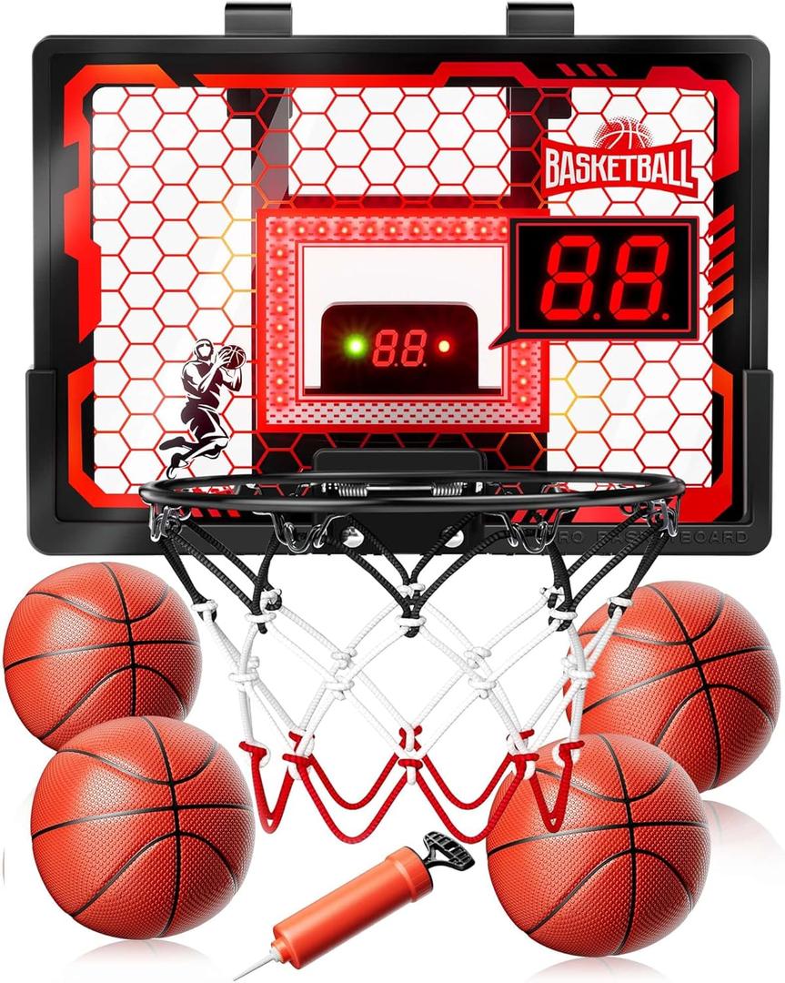 Indoor Basketball Hoop Toy for Girls - Pro Basketball Hoops with Scoreboard&4 Balls, Upgraded Backboard&Music Lights, Indoor Outdoor Basketball Sports Toys for Kids 4-8 8-12