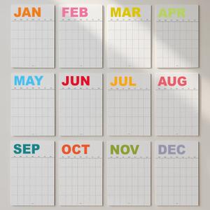 Dry Erase Undated Wall Calendar – 12 Color-Coded Monthly Prints, A3 Size (11.7 × 16.5 inches), Premium 400 gsm (14 pt) Thick Bristol Paper, Large 1.7 × 2.5 in Daily Writing Boxes, Glossy Reusable Surface, Flat-Packed, European-Quality Print