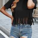 Remidoo Fringe Tops for Women Short Sleeve Crop Top T Shirt Western Cowgirl Cropped Tee (Black, S)