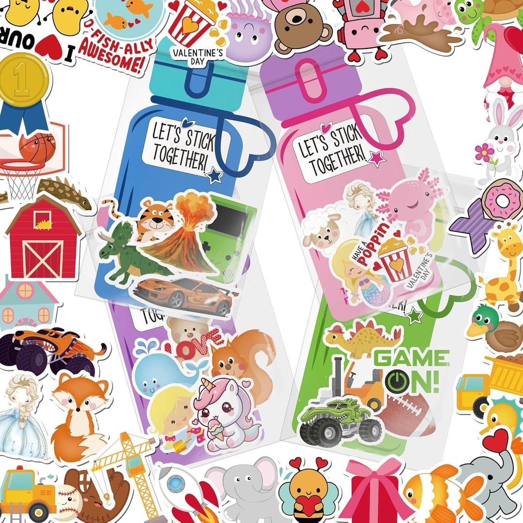 Valentines Day Cards for Kids School - 48 Pack Valentines Day Water Bottle Cards with 240 Pcs Bulk Valentine Stickers for Kids Classroom Exchange Party Favors, Class Valentine Gifts for Boys and Girls