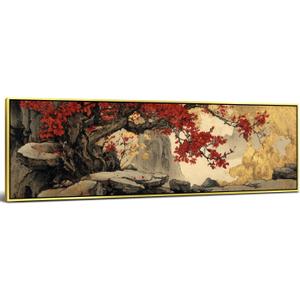 Large Oriental Asian Wall Art Chinese Painting Wall Decor for Living Room Abstract Red Plum Blossom Landscape Picture Prints Watercolor Mountain Poster Canvas Artwork Home Office Decorations 14x48”