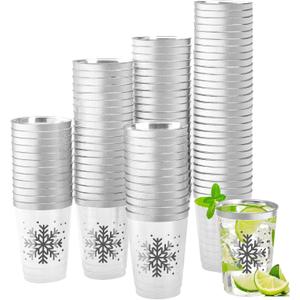 Datyiiha 100 Pieces Snowflake Plastic Cups Silver Foil Christmas Disposable Cups 12 oz Clear Beverage Cups for Winter Wedding Snowflake Frozen Birthday Party Supplies Drinkware Cups