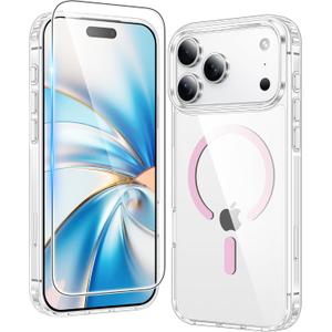 FNTCASE for iPhone 17 Pro Case: Clear Magnetic Phone Cases Compatible with Magsafe Slim Anti Yellowing Military Grade Drop Protection Rugged Protective Transparent Cell Phone Cover (C-A Pink)