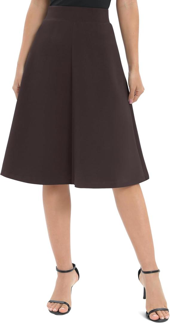 Urban CoCo Women's A-Line Elastic High Waist Flare Work Midi Knee Length Stretchy Skirt (Brown, S)