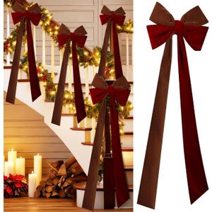 4Pcs Large Christmas Velvet Burgundy Bows13'' x 45''Christmas Front Door Bows with Long Tail Ribbon Xmas Tree Topper Holiday Wreaths Decor Stair Garland for Mantel Fireplace Porch