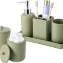 Resin 6 Pcs Green Bathroom Set Complete with Toothbrush Holder, Lotion Soap Dispenser, 2 Qtip Holder Dispensers,Vanity Tray,Bathroom Tumbler - Countertop Vanity Organizer - Bathroom Accessories
