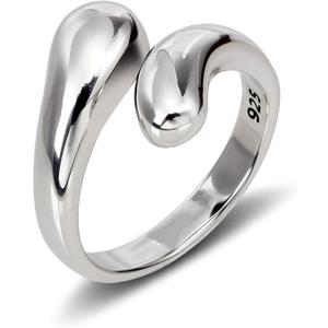 Chunky Rings Adjustable Teardrop Minimalist Stackable Ring Statement Open Jewelry for Women Men (Silver)