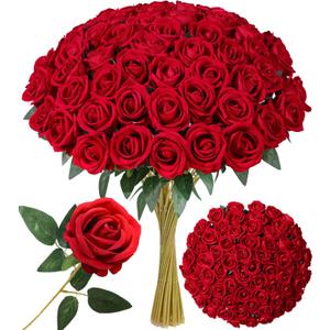 50 PCS Red Roses Artificial Flowers, Real Looking Fake Roses with Long Stems Silk Flowers for DIY Wedding Bouquet Party Celebration Home Bridal Shower Decoration Valentine's Day Gift for Her Wife