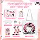 9 Pcs Halloween Pink Boo Basket Stuffers Gifts for Women, Ghost Glass Cups Tumbler 16 oz with Lid, Pink Tote Bags, Socks, Halloween Gifts Box for Teens Girls Her Sister Family Friends Adult