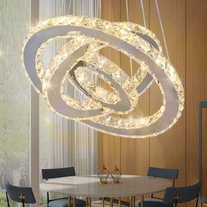 Modern LED Crystal Chandeliers 3 Ring Round Pendant Lighting Fixtures DIY Stainless Steel Ceiling Lamp Hanging Lights for Living Room Dining Room Bedroom Kitchen (Warm Light)